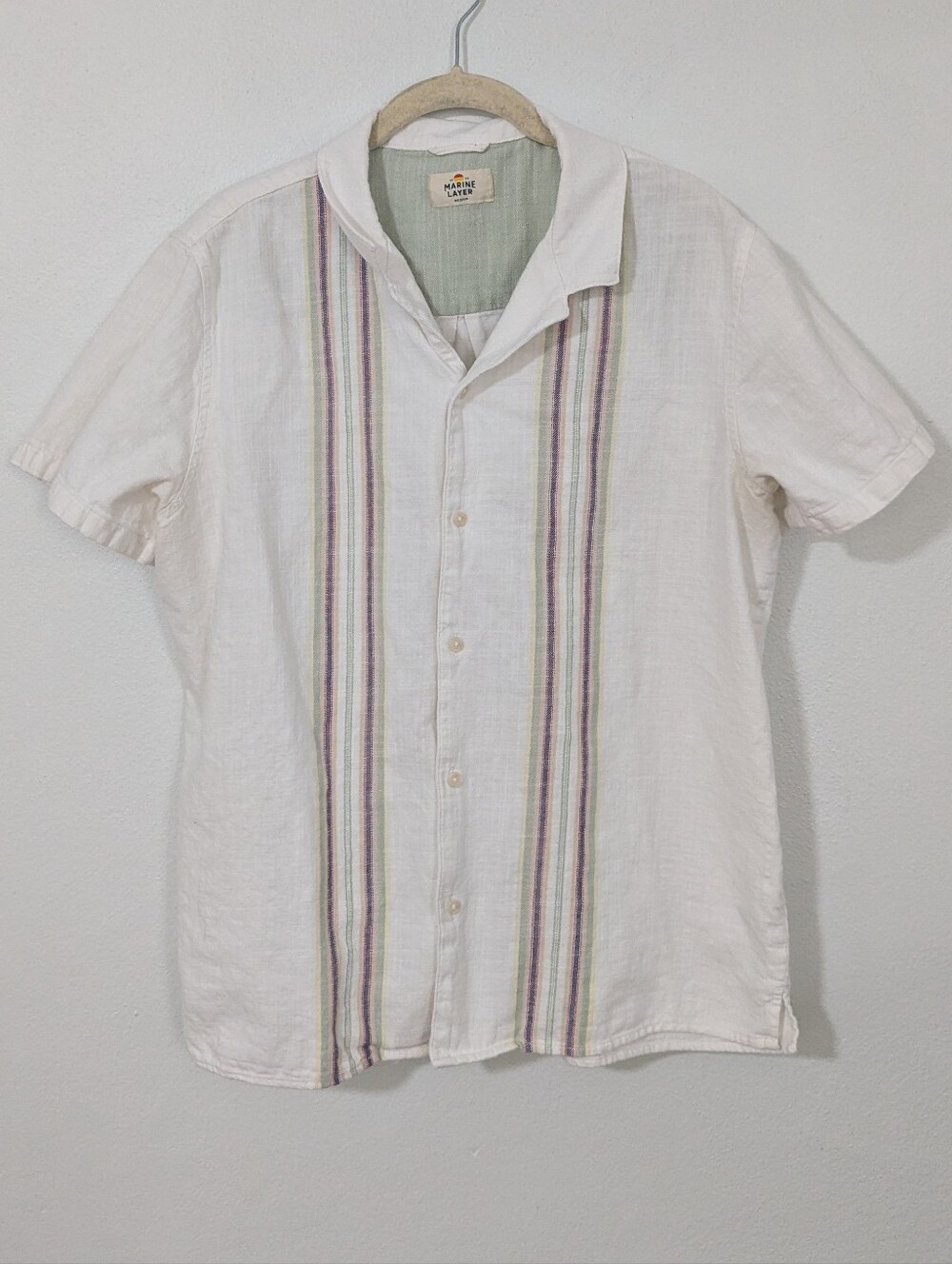Marine Layer Stretch Selvage Resort Shirt Striped Short Sleeve Beige Medium M